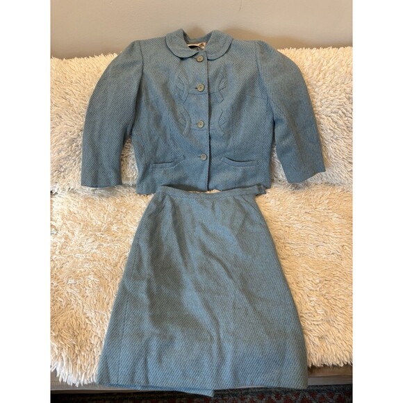 DAVIDOW Marshall Fields Vintage 60s Suit Blue Wool 3/4 Sleeve Jacket Skirt 0-2 - Picture 2 of 6